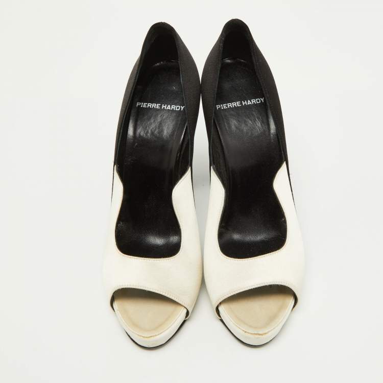 Pre Owned Pierre Hardy White/Black Satin Peep Toe Pumps Size 38.5
