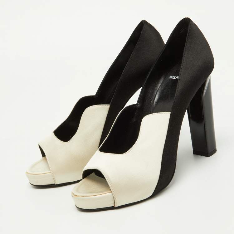 Pre Owned Pierre Hardy White/Black Satin Peep Toe Pumps Size 38.5