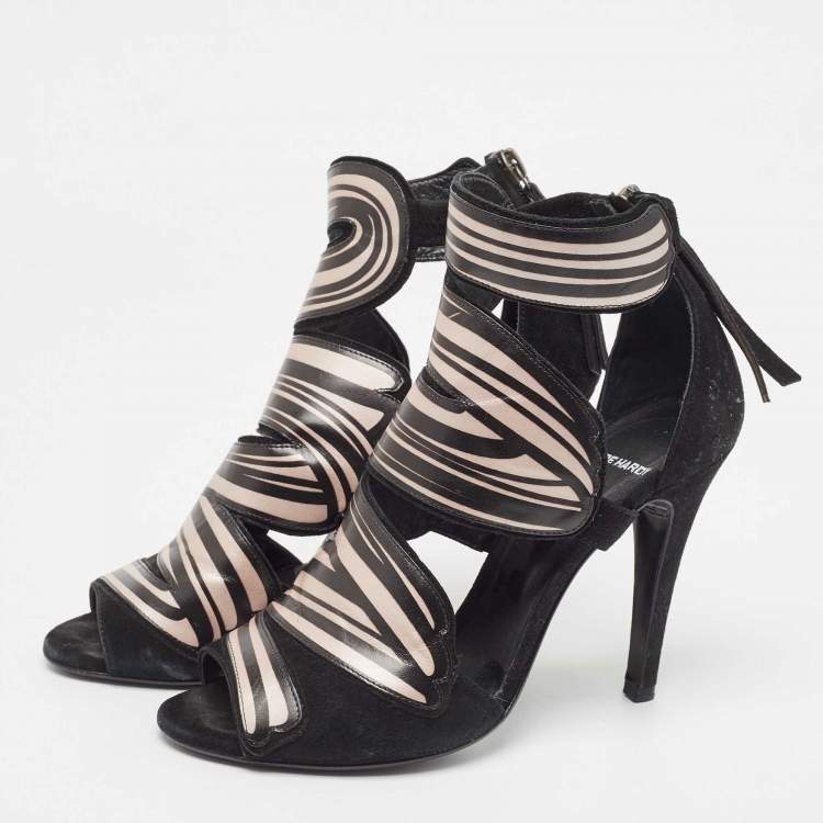 Pre Owned Pierre Hardy Black/Pink Leather and Suede Cut Out Sandals Size 37