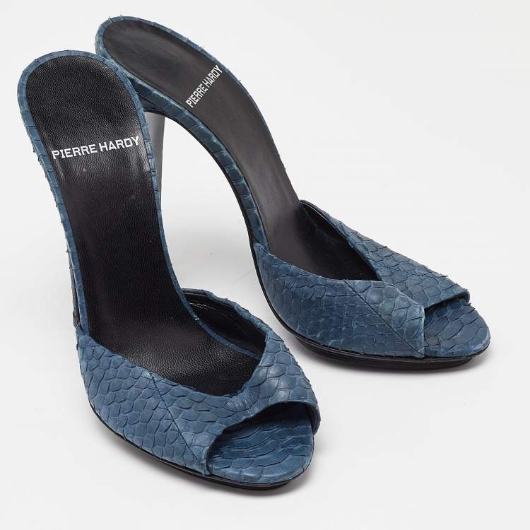 Pre Owned Pierre Hardy Navy Blue Python Leather Open Toe Slide Sandals Size 38