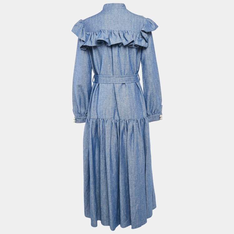 Pre Owned Poca & Poca Blue Canvas Ruffled Bead Detail Maxi Dress M