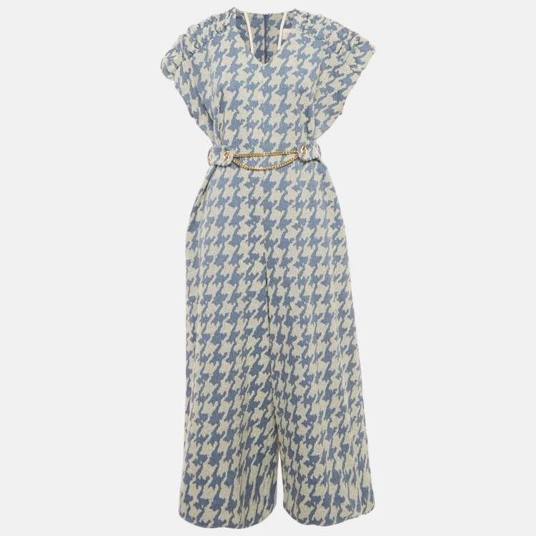 Pre Owned Poca & Poca Blue Houndstooth Belted Wide Leg Jumpsuit M