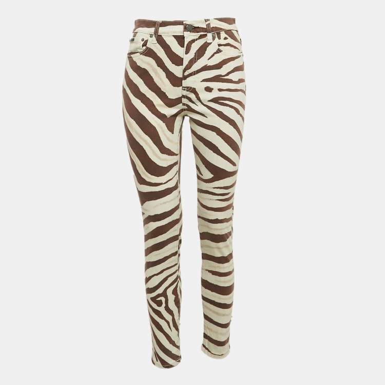 Pre Owned Polo Ralph Lauren Beige Animal Print Denim Ankle Length Jeans M Waist 28"