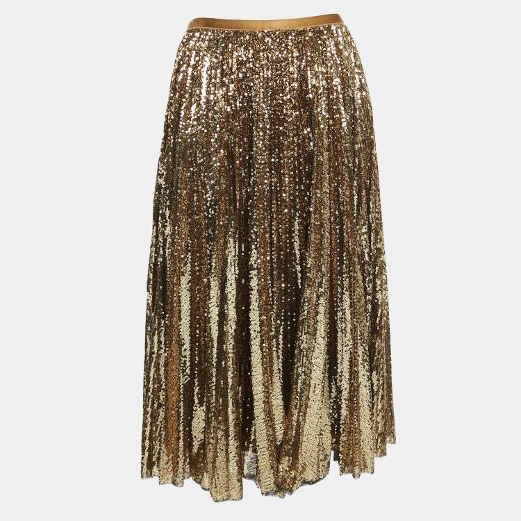 Pre Owned Polo Ralph Lauren Gold Sequin Plisse Midi Skirt XL