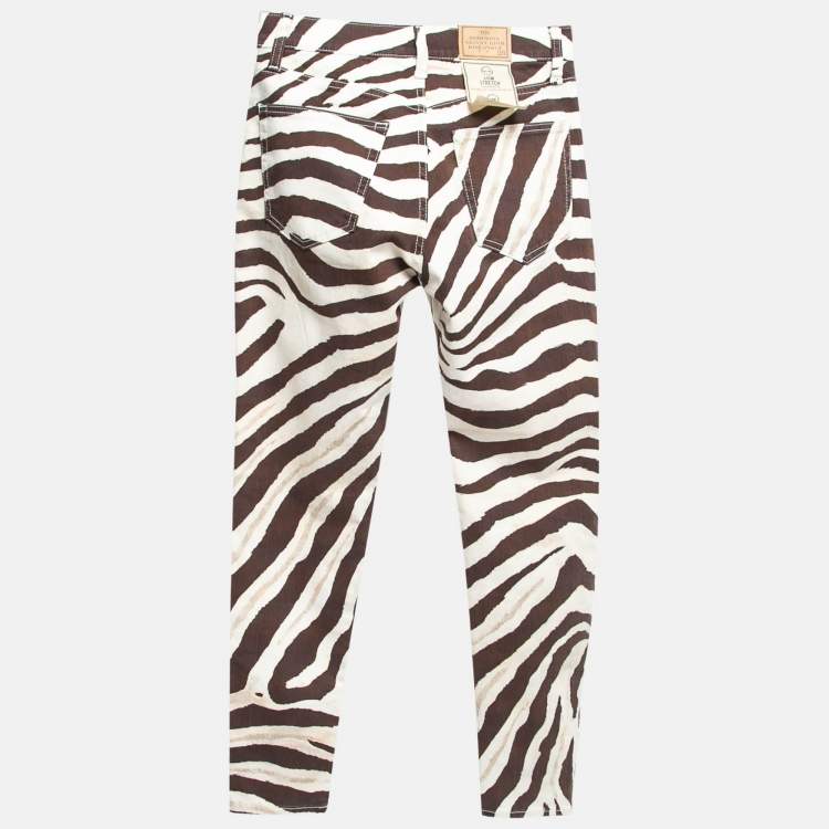 Pre Owned Polo Ralph Lauren Beige Zebra Print Denim Ankle Length Jeans M Waist 28"