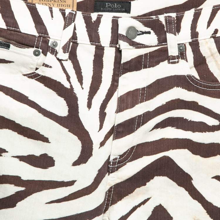 Pre Owned Polo Ralph Lauren Beige Zebra Print Denim Ankle Length Jeans M Waist 28"