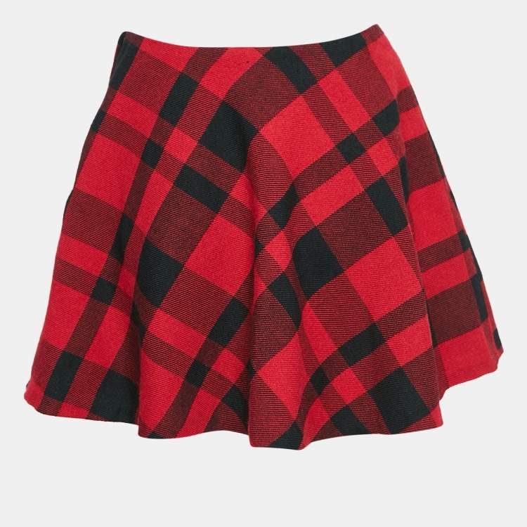 Pre Owned Polo Ralph Lauren Red Plaid Wool Flared Mini Skirt M