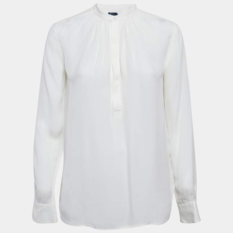Pre Owned Polo Ralph Lauren White Silk Blend Crepe Long Sleeve Blouse S
