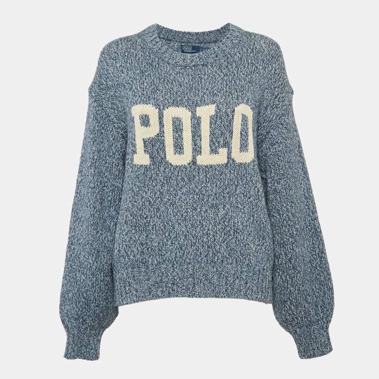 Pre Owned Polo Ralph Lauren Blue Logo Intarsia Rib Knit Crew Neck Sweater L