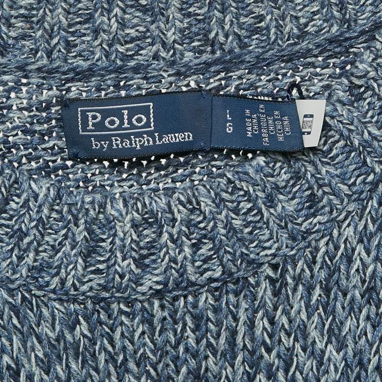 Pre Owned Polo Ralph Lauren Blue Logo Intarsia Rib Knit Crew Neck Sweater L