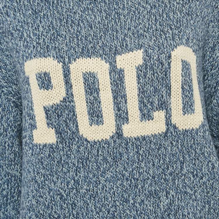 Pre Owned Polo Ralph Lauren Blue Logo Intarsia Rib Knit Crew Neck Sweater L