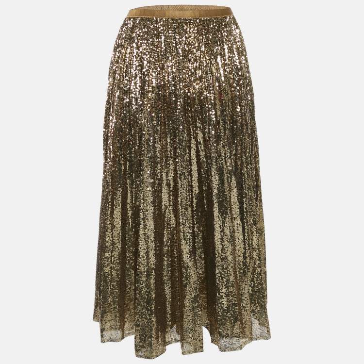 Pre Owned Polo Ralph Lauren Gold Sequin Plisse Midi Skirt XL