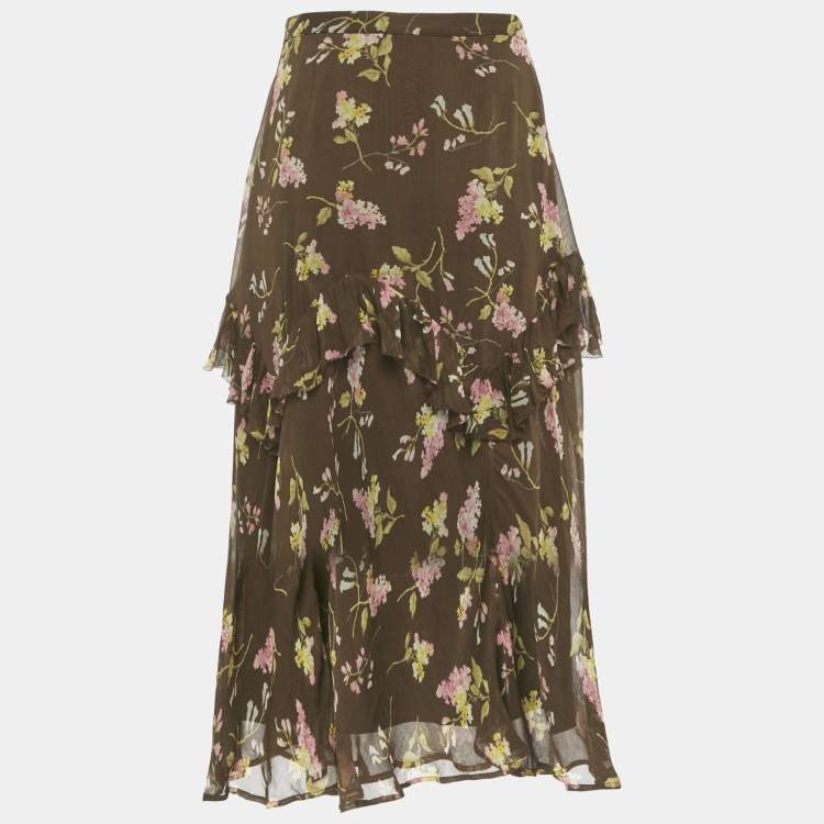 Pre Owned Polo Ralph Lauren Brown Floral Print Chiffon Ruffled Midi Skirt M