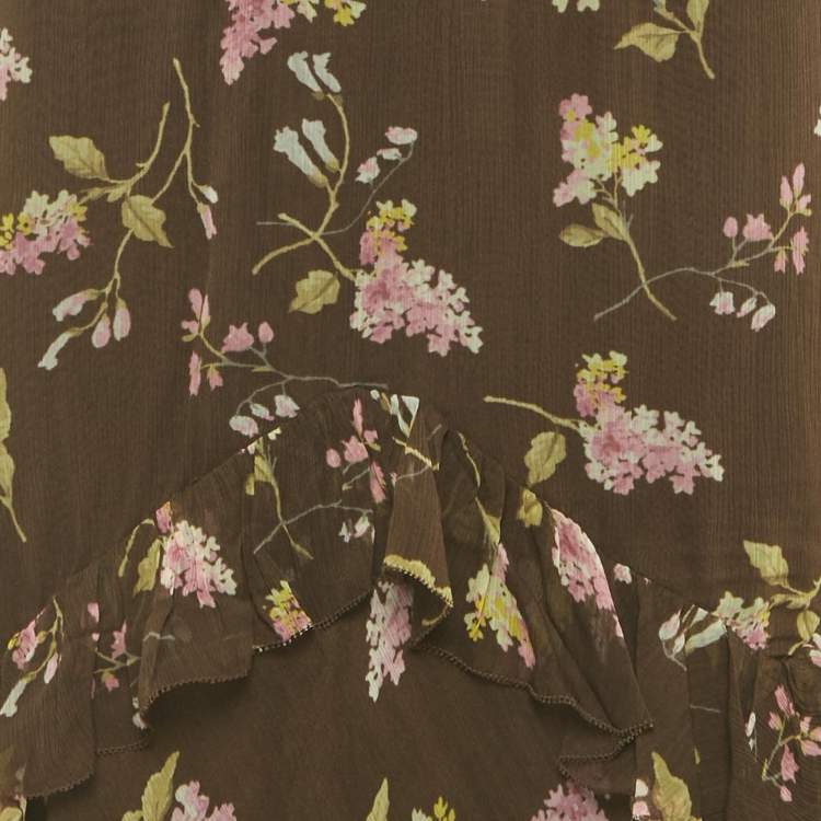 Pre Owned Polo Ralph Lauren Brown Floral Print Chiffon Ruffled Midi Skirt M