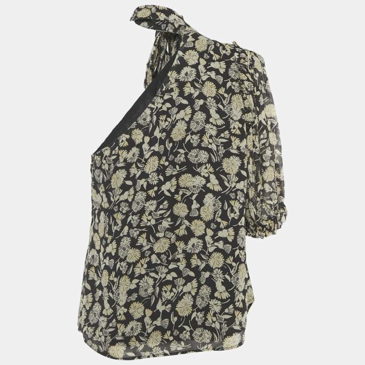 Pre Owned Polo Ralph Lauren Black Floral Print Chiffon One-Shoulder Top L