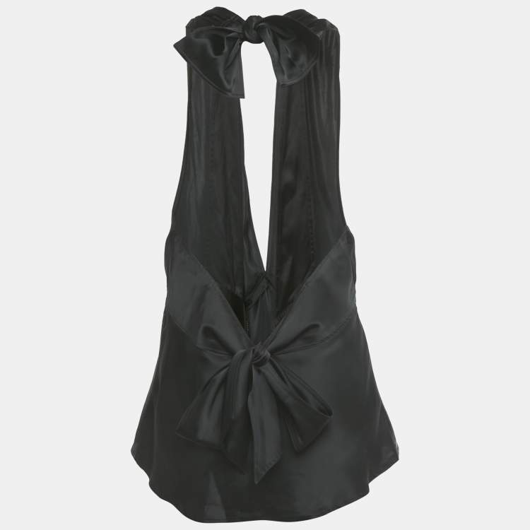 Pre Owned Polo Ralph Lauren Black Satin Plunging Neck Top L