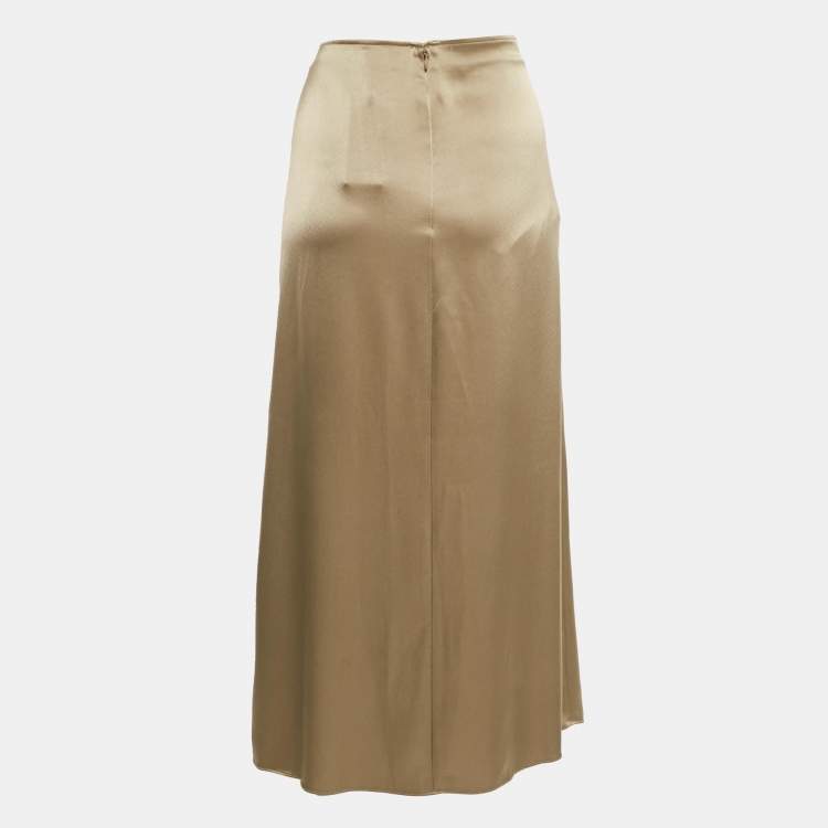 Pre Owned Polo Ralph Lauren Brown Satin Ruched Midi Skirt M