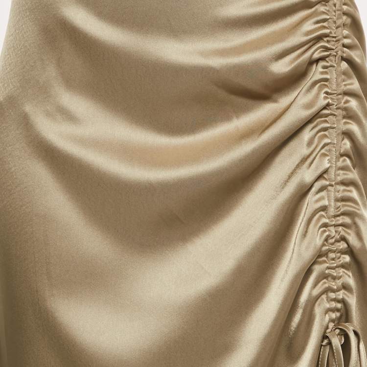 Pre Owned Polo Ralph Lauren Brown Satin Ruched Midi Skirt M