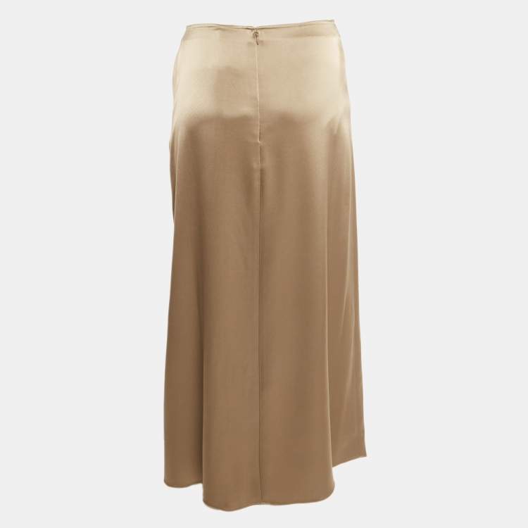 Pre Owned Polo Ralph Lauren Brown Satin Ruched Midi Skirt M