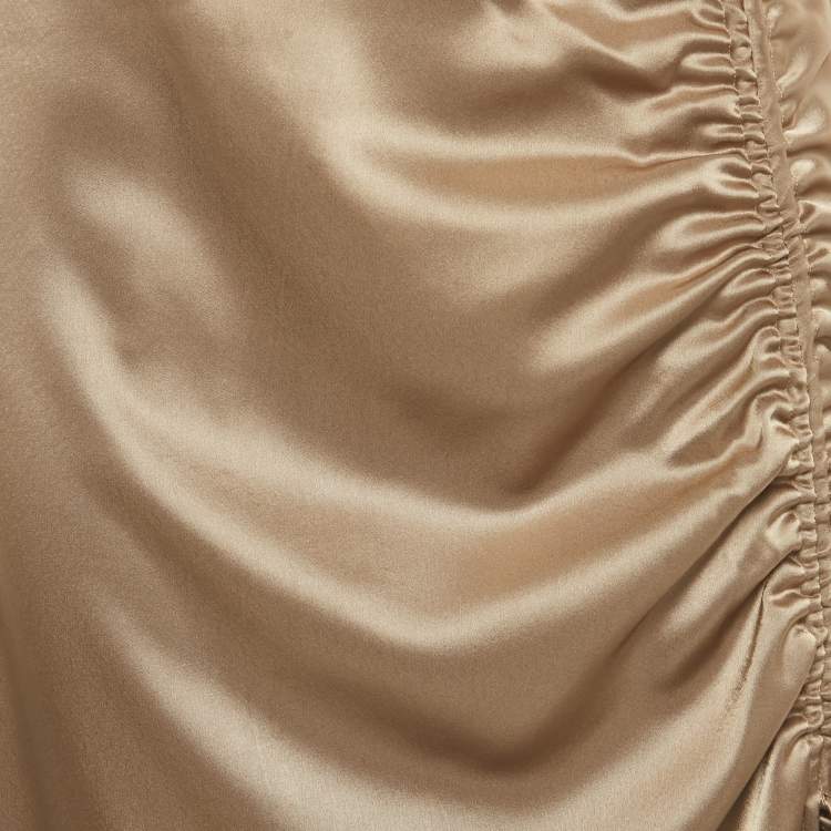 Pre Owned Polo Ralph Lauren Brown Satin Ruched Midi Skirt M