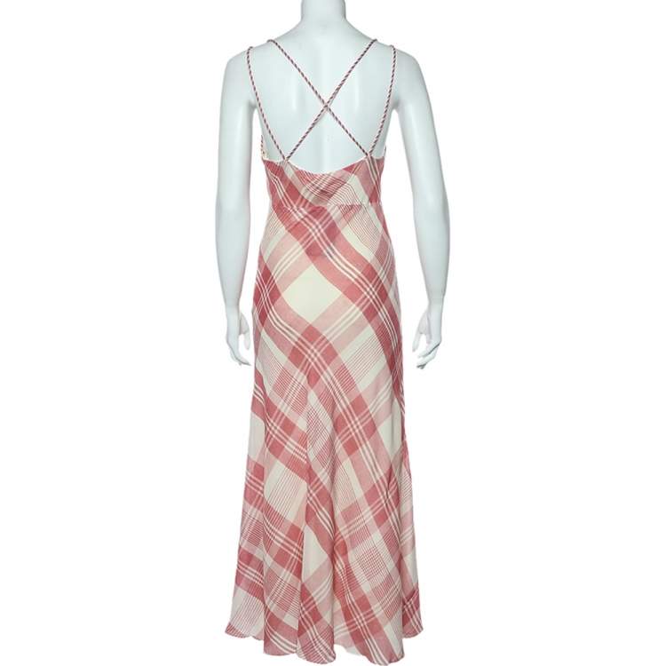 Pre Owned Polo Ralph Lauren Pink Checkered Cross Back Detail Maxi Dress S