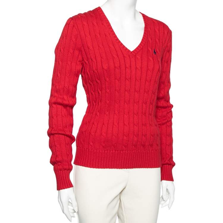 Polo Ralph Lauren Red Cotton Knit Kimberly V-Neck Sweater L Polo