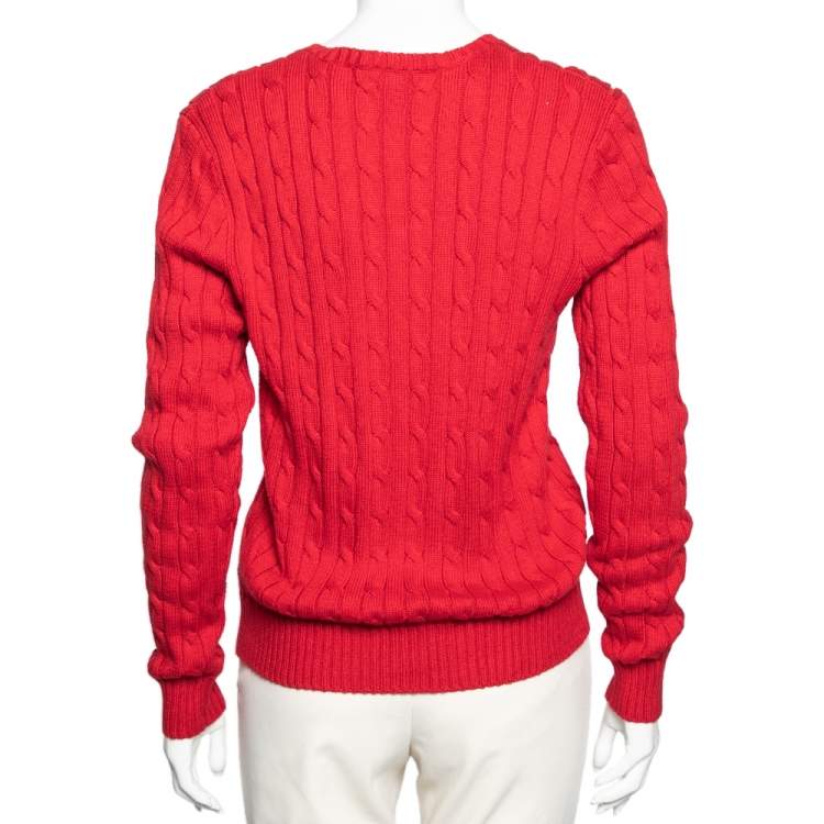 Pre Owned Polo Ralph Lauren Red Cotton Knit Kimberly V-Neck Sweater L