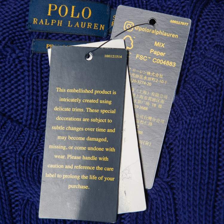 Pre Owned Polo Ralph Lauren Blue Cable Knit Beaded Sweater S
