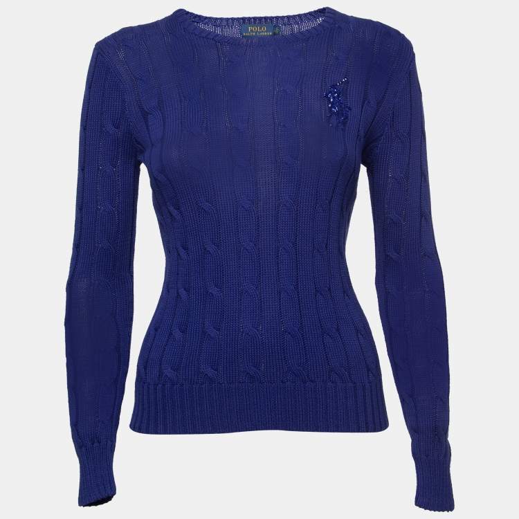 Pre Owned Polo Ralph Lauren Blue Cable Knit Beaded Sweater S