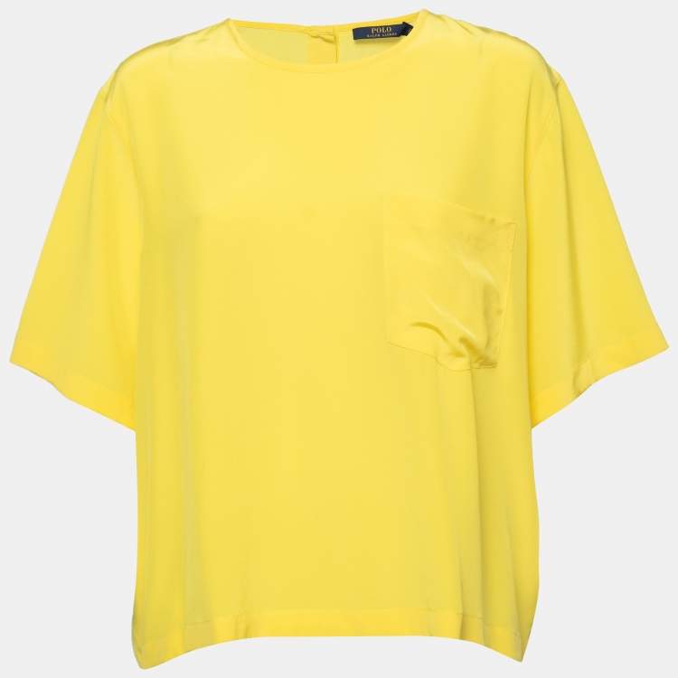 Pre Owned Polo Ralph Lauren Yellow Silk Short Sleeve Blouse XL