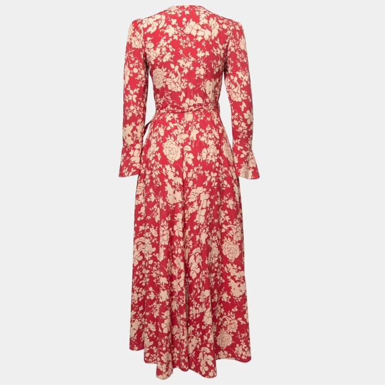 Polo Ralph Lauren Red Floral Printed Crepe Wrap Maxi Dress S Polo