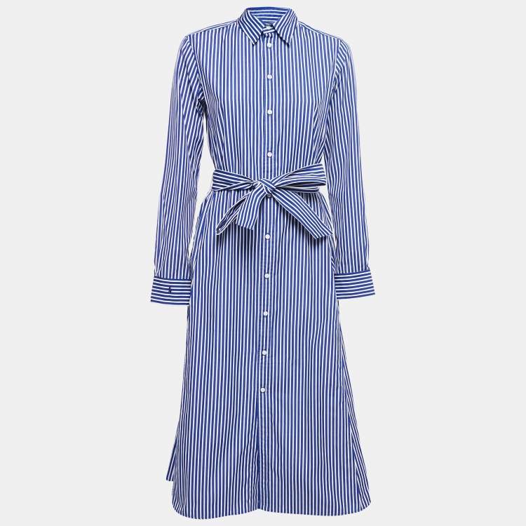 Pre Owned Polo Ralph Lauren Blue Striped Cotton Poplin Belted Shirt Dress M