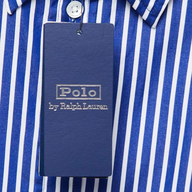 Pre Owned Polo Ralph Lauren Blue Striped Cotton Poplin Belted Shirt Dress M