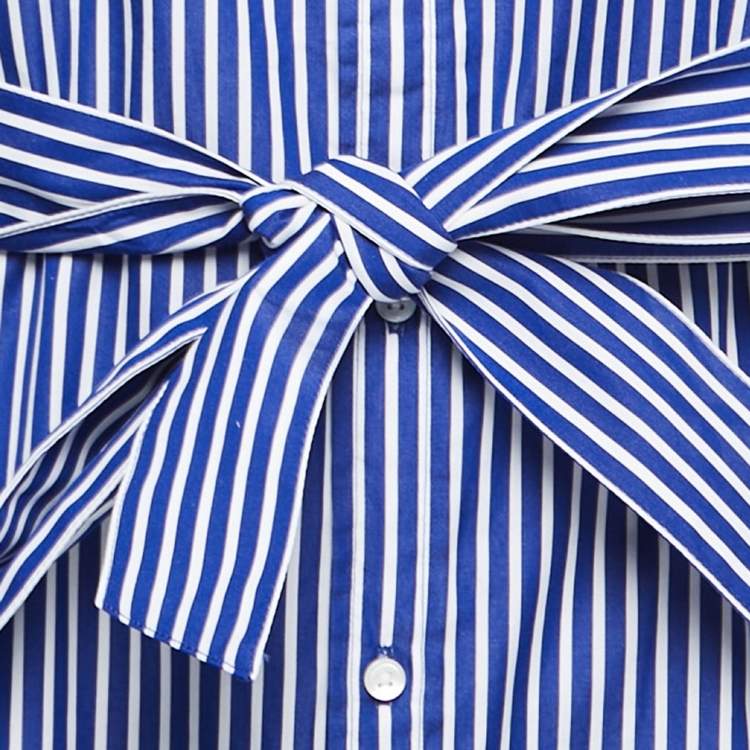Pre Owned Polo Ralph Lauren Blue Striped Cotton Poplin Belted Shirt Dress M