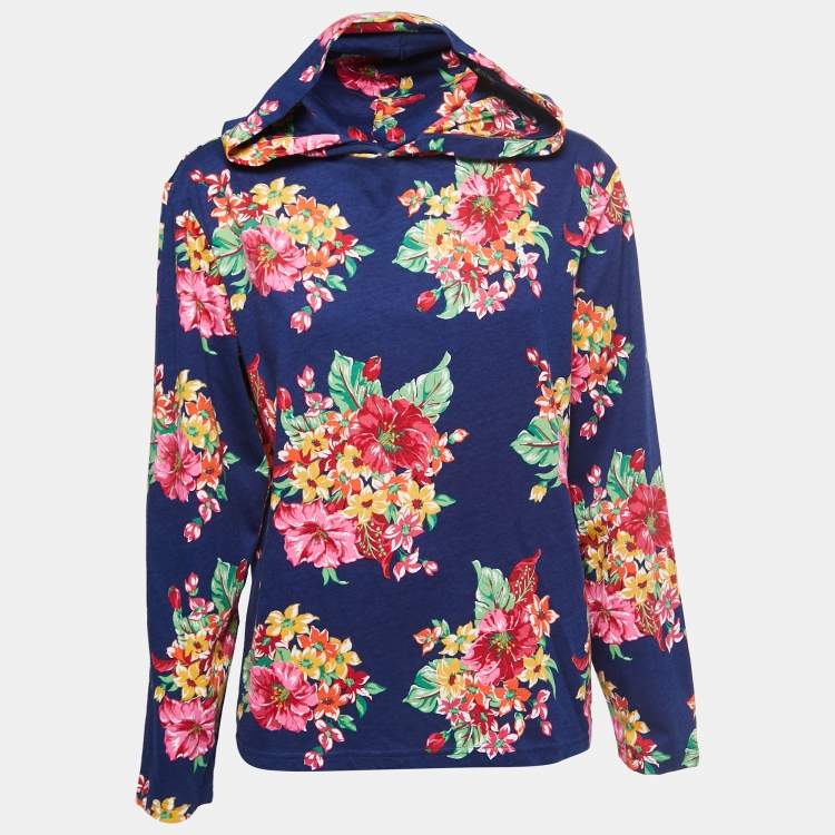 Pre Owned Polo Ralph Lauren Blue Floral Print Cotton Hooded Sweatshirt XL