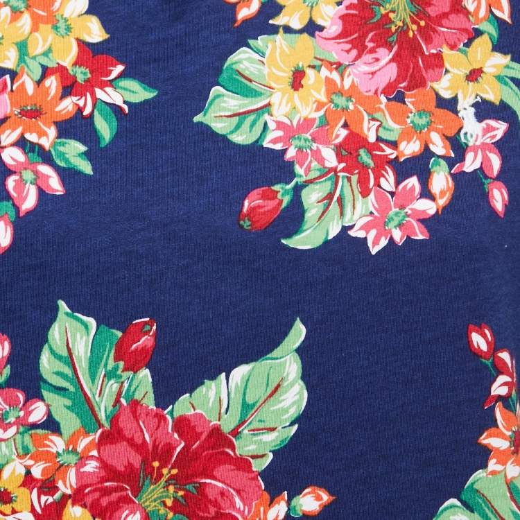 Pre Owned Polo Ralph Lauren Blue Floral Print Cotton Hooded Sweatshirt XL