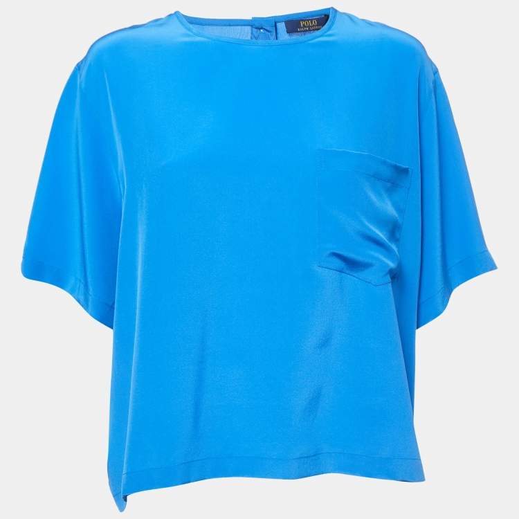 Pre Owned Polo Ralph Lauren Royal Blue Silk Short Sleeve Blouse XL