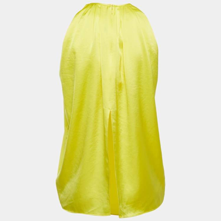 Pre Owned Polo Ralph Lauren Yellow Satin Pleated Back Slit Detailed Sleeveless Top S