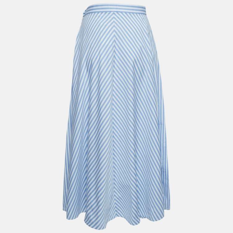Pre Owned Polo Ralph Lauren Blue Striped Cotton Midi Skirt M