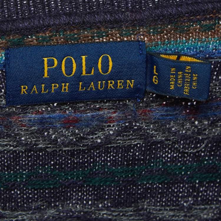 Pre Owned Polo Ralph Lauren Navy Blue Patterned Wool Blend Ruffled Sweater L