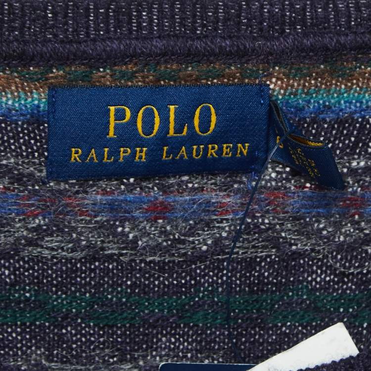 Pre Owned Polo Ralph Lauren Navy Blue Patterned Wool Blend Ruffled Sweater L