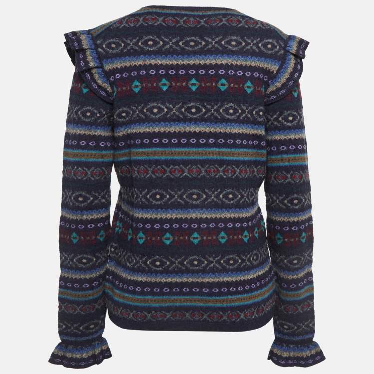 Pre Owned Polo Ralph Lauren Navy Blue Patterned Wool Blend Ruffled Sweater L