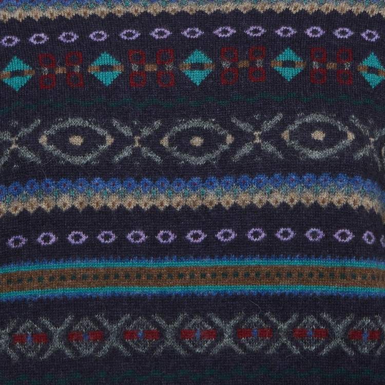 Pre Owned Polo Ralph Lauren Navy Blue Patterned Wool Blend Ruffled Sweater L