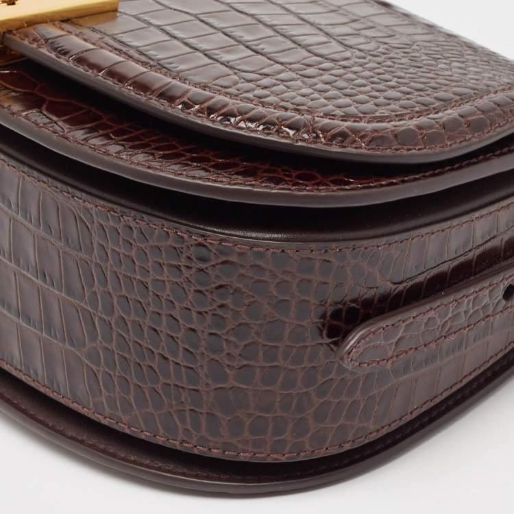 مملوكة مسبقًا Polo Ralph Lauren Brown Croc Embossed Leather Saddle Crossbody Bag