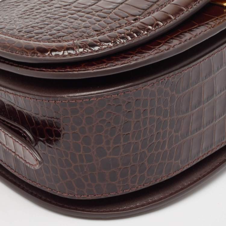 مملوكة مسبقًا Polo Ralph Lauren Brown Croc Embossed Leather Saddle Crossbody Bag