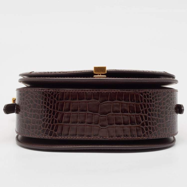 مملوكة مسبقًا Polo Ralph Lauren Brown Croc Embossed Leather Saddle Crossbody Bag