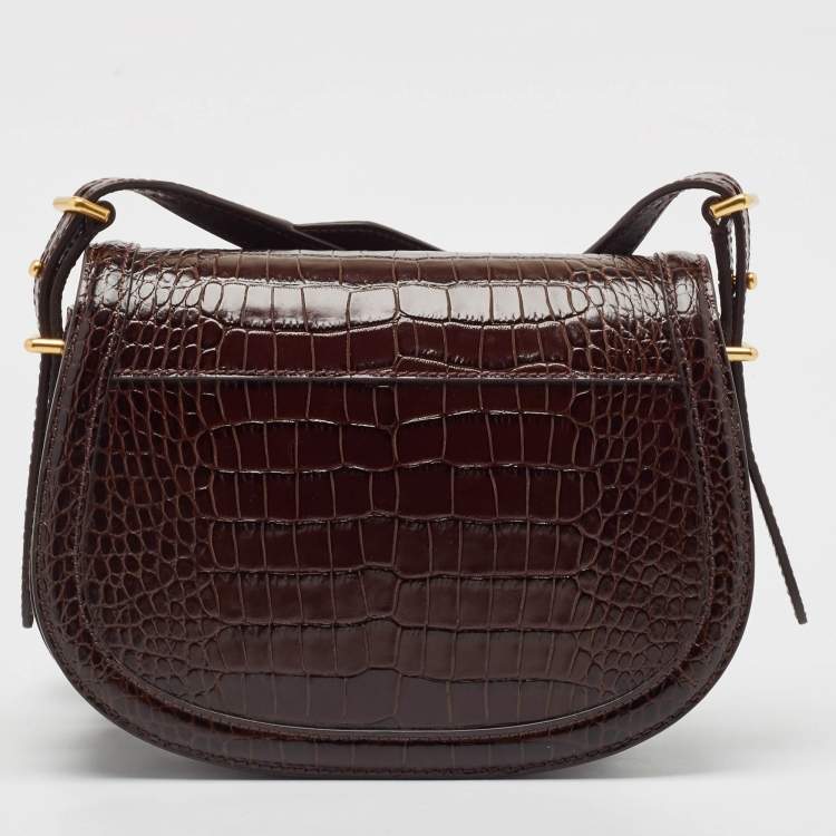 مملوكة مسبقًا Polo Ralph Lauren Brown Croc Embossed Leather Saddle Crossbody Bag