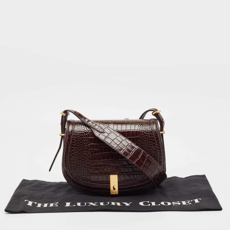 مملوكة مسبقًا Polo Ralph Lauren Brown Croc Embossed Leather Saddle Crossbody Bag