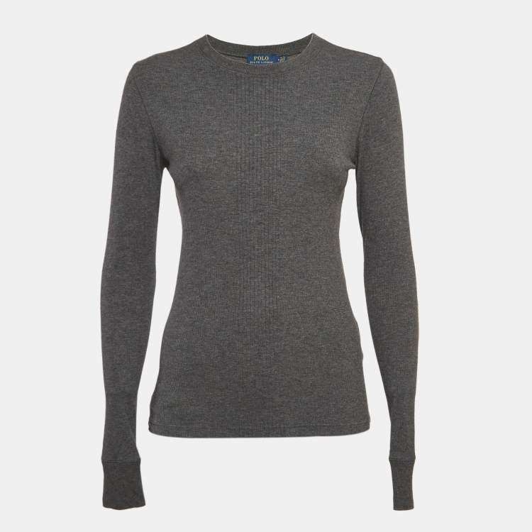 Pre Owned Polo Ralph Lauren Grey Suede Trim Rib Knit Sweatshirt M
