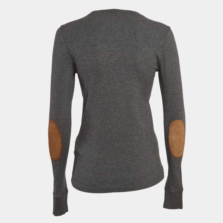 Pre Owned Polo Ralph Lauren Grey Suede Trim Rib Knit Sweatshirt M